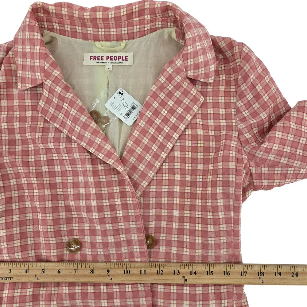 Free People Olivia Gingham Blazer M Pink Plaid Double Breasted Belted